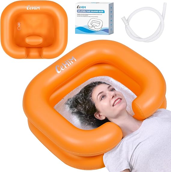 Inflatable Shampoo Basin - Portable Shampoo Bowl, Hair Washing Basin for Bedridden, Disabled,Injured, Hair Wash Tub for Dreadlocks and at Home Sink Washing (Orange)