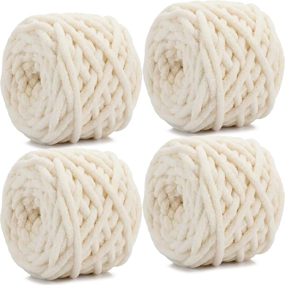 Chunky Chenille Yarn 4 x 100g Balls,Soft Fluffy Multicolor Plush Wool for Crochet & Knitting Soft Thick Chunky Yarn Crochet Yarn for Blankets,Hats,Cushions(Milk White)