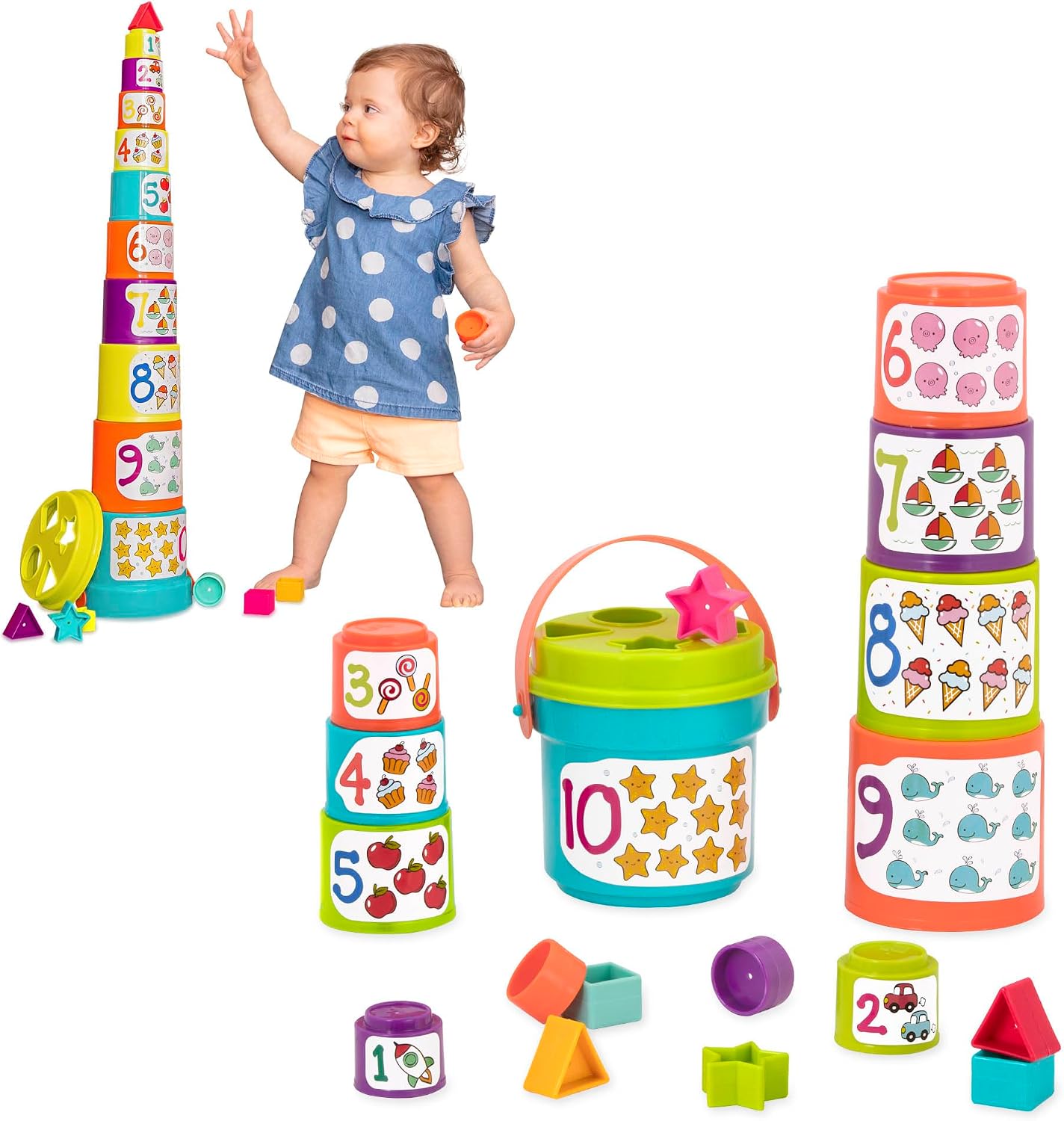 Battat – Nesting Sorter Set – 19 Pieces Stacking Bucket Sort Set – 10 Cups & 8 Shapes – Educational & Dexterity Toys – 18 Months – Sort & Stack