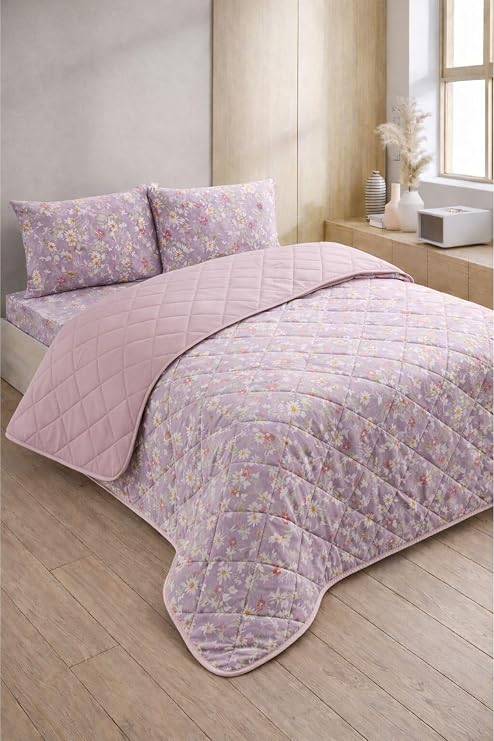 Formeya Kapitoneli Çift Kişilik Desenli Pike - Yatak Örtüsü Takımı 200x230 cm - 2 Adet Yastık Kılıflı (Lila Mor)
