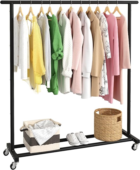 Buzowruil Standard Rod Simple Rolling Metal Clothing Rack Garment Rack Organizer Freestanding Hanger with Wheels,Black
