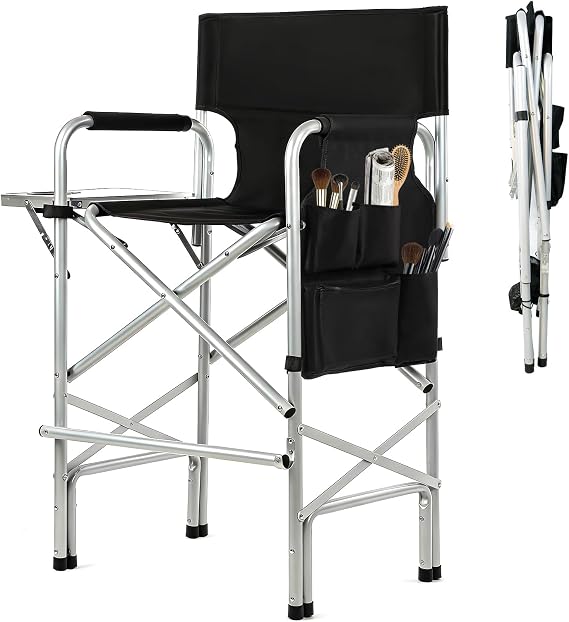 Makeup Chair for Makeup Artist 45.6'', Tall Directors Chairs Foldable for Clients with Side Table Cup Holder Storage Bag and Footrest, Folding Chair 400lbs Capacity Black