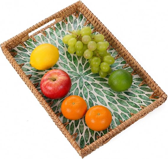 Rectangle Rattan Tray with Mother of Pearl Inlay with Handle,13"×9"