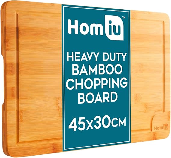 Homiu Premium Wooden Chopping Boards - Organic Large 45 x 30 x 2cm - Bamboo Cutting Board for Carving Meats Cheese Vegetables - Chopping Boards for Kitchens - Wooden Worktop Protector