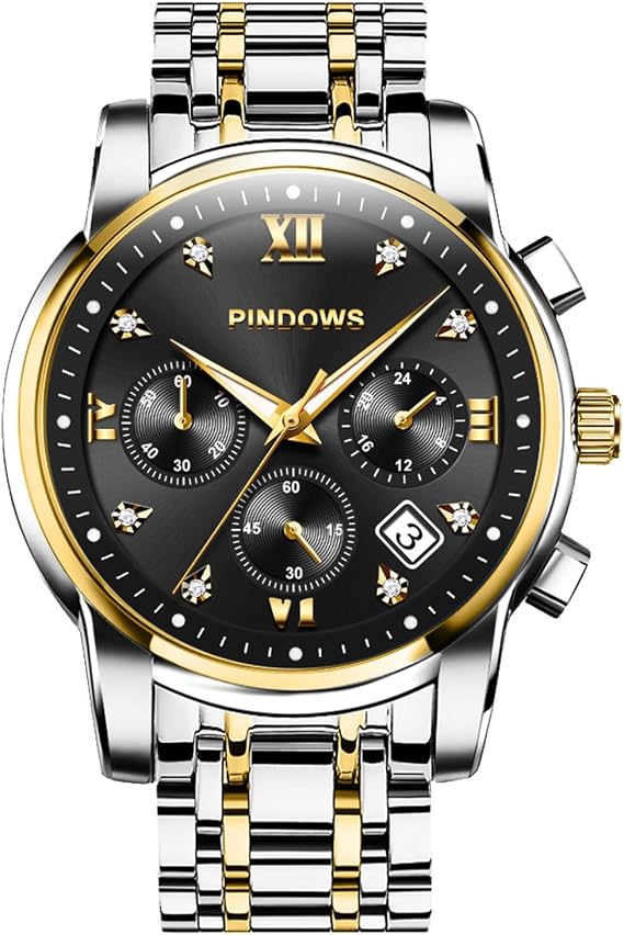 PINDOWS Men's Quartz Watch Weekday/Date Stainless Steel 3ATM