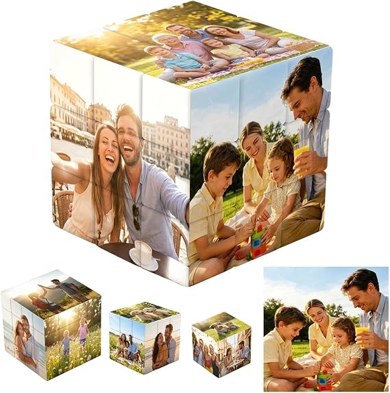Personalised 3D Rotatable Photo Cube, Custom Puzzle Cube with 6 Pictures, Gift for Family, Friends, Girlfriend, Birthdays, Christmas, Valentine's Day