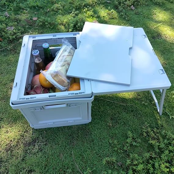 2-in-1 Foldable Storage Box & Table – Collapsible Organizer with Pull-Out Tabletop, Space-Saving for Car Boot, Campervan, RV & Home, ABS+PP, Includes DIY Stickers, Grey