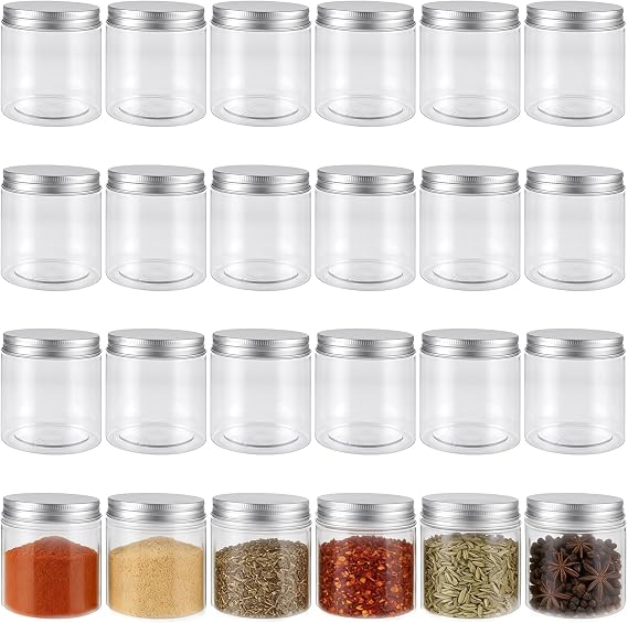 KEILEOHO Clear Plastic Storage Jars with Silver Lids, 8 oz, 250ml Capacity, 24 Pack for Kitchen, Spices, DIY Crafts