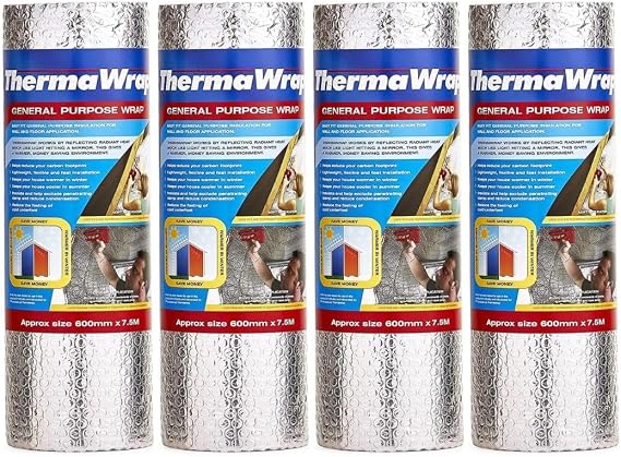 General Purpose Insulation Wrap ThermaWrap 600mm x 7.5m (Pack of 4) | Multi-Purpose Reflective Foil Insulation | Ideal for Attics, Lofts, Sheds & Garages | Energy Saving Barrier