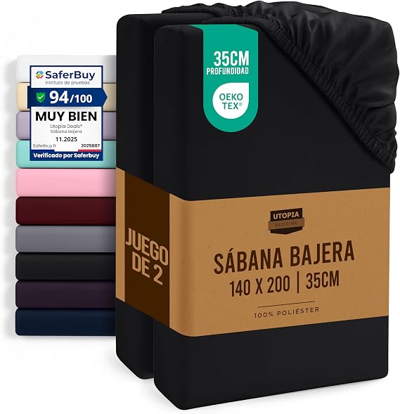 Utopia Bedding Set of 2 Fitted Sheet 140 x 200 cm – Black – (Bed 140)