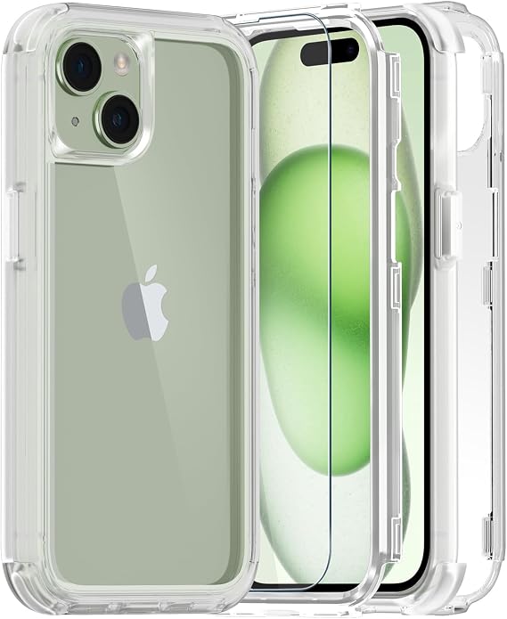 iPhone 15用 ケース 耐衝撃 落下防止 強化ガラススクリーンプロテクター付き 高耐久 保護 電話カバー Apple iPhone 15用 クリア