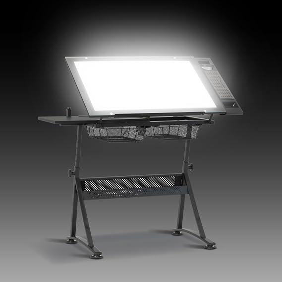 Studio Designs フュージョン製図テーブル LEDライトパッド一体型、高さ&角度調節可能な強化ガラスライトテーブル、アルトグラフライトパッド、収納引き出し&サイドシェルフ付き