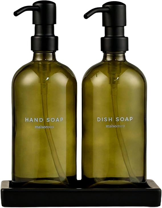MaisoNovo Hand and Dish Soap Dispenser Kitchen Set - 500 ml Green Glass Soap Dispenser Bottle with Pump Black x 2, Black Ceramic Tray and Waterproof Labels