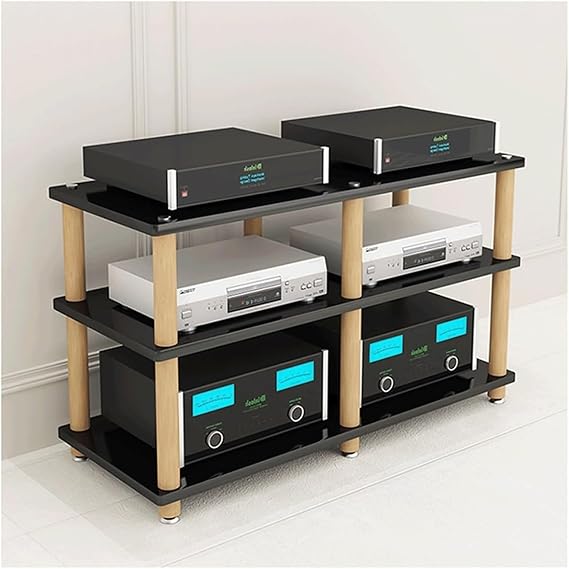 Audio Rack Double Wide Stereo Rack Audio Equipment Rack Audio Stereo Shelf Wooden Open HiFi Rack Audio-Video Shelving Shock Feet(Nero,3 Tier)