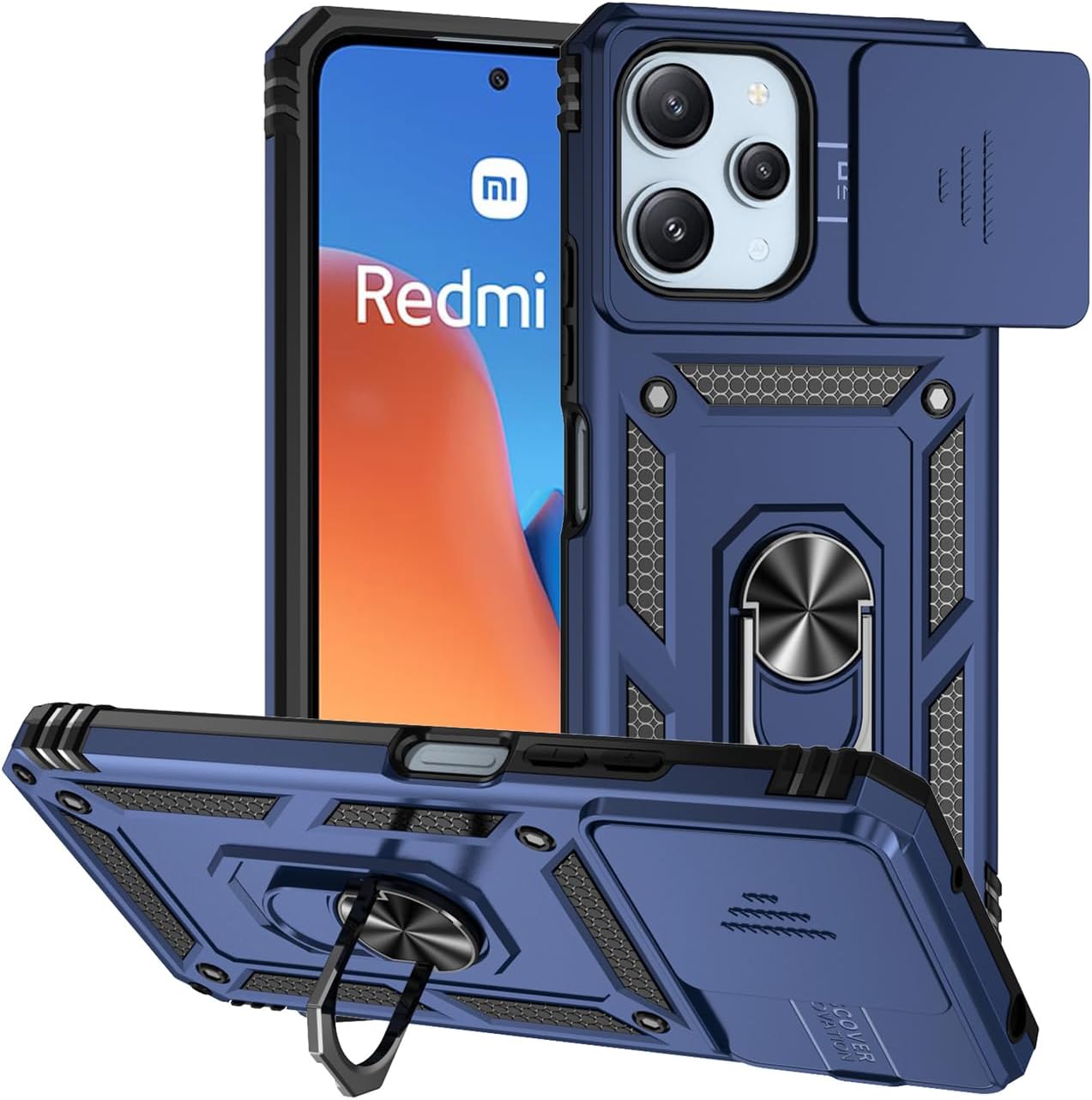 Case for Redmi 12 Case, Redmi Note 12RPoco M6 Pro Case with Slide Camera Cover, Built-in 360° Rotate Ring Kickstand Magnetic Shockproof Phone Cover for Xiaomi Redmi 12 Blue