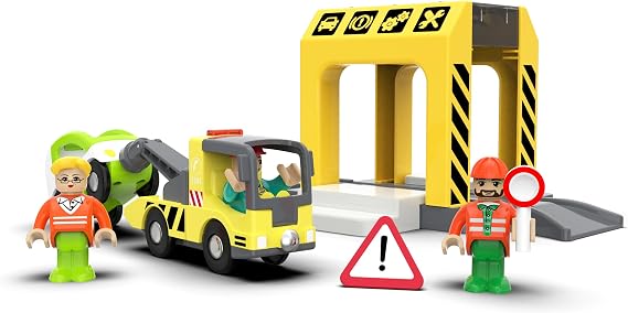 木製トレインセット レスキューレッカー車 拡張パック - レッカー車、サービスステーション、フィギュア - Brio Thomas Tracksに対応 - 緊急道路修理 STEMロールプレイおもちゃ 3歳以上