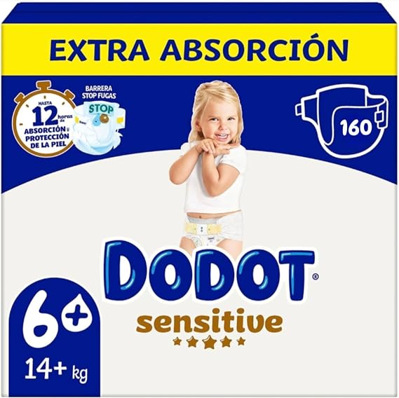 Dodot Sensitive Diapers, Size 6+, Extra Absorbency, 160 Count, For Babies 14+ kg, 12 Hours of Protection, with Leak Barriers and Ultra Soft Materials