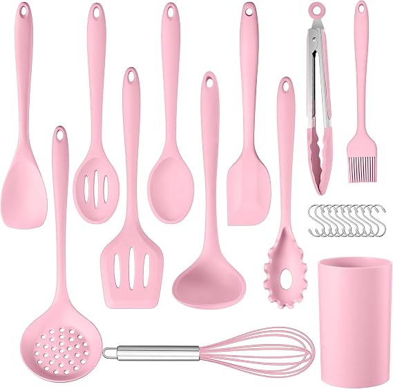 Herogo Kitchen Utensil Set 22-Piece Silicone Cooking Utensils Pink Cooking Spoon Heat-resistant kitchen utensils cooking utensils with utensil holder healthy and non-stick kitchen set dishwasher safe