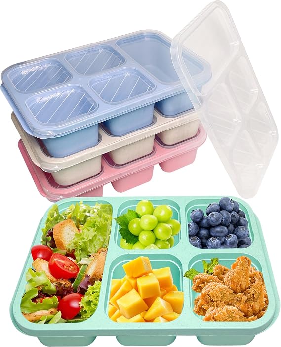 4 Pack Snack Containers, Reusable Meal Prep Lunch Containers for Kids Adults, Bento Snack Boxes with 5 Compartments, Divided Food Storage Containers for School Work Travel, Microwave Dishwasher Safe