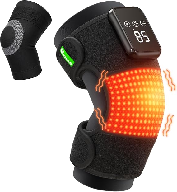 3-in-1 Heated Knee Massager - swancode Cordless Knee Heating Pad with 3 Heat Levels&3 Vibration Modes, Adjustable Knee Massage Brace Comfort Wrap with Extension Strap for Knee, Elbow&Shoulder, Single