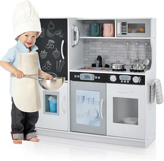 HOMASIS Play Kitchen with 10 Accessories Children's Wooden Toy Kitchen with Blackboard Sink Stove Oven Microwave Ice Maker Telephone Wooden Kitchen Children's Play Kitchen for Children from 3 Years (White)