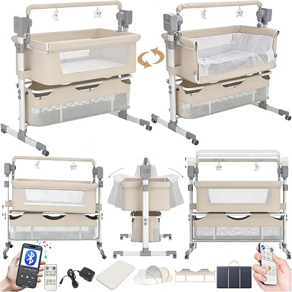 Electric Bluetooth Smart Next to Me Crib, Foldable Convertible Baby Bedside Crib, Co-Sleeping Bassinet, Infant Bedside Sleeper Cradle with Music, Remote and 5 Swaying Gears (601 Beige)