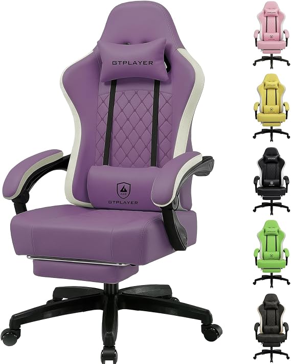 GTPLAYER Gaming Chair with Footrest, Ergonomic Computer Desk Chair with Pocket Spring Cushion Home Office High Back Support Lumbar Support Heavy Duty Wide, Purple