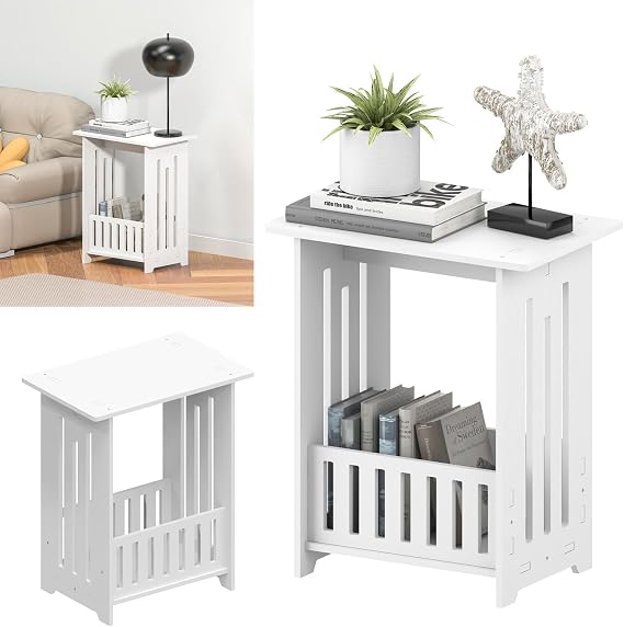 Slim Bedside Table, White Modern Bedside Cabinet Nightstand Wooden Sofa Table Side Table, Small Narrow Side End Table Floor Storage Cabinet for Living Room/Bedroom/Small Space, 22 x 34 x 40cm