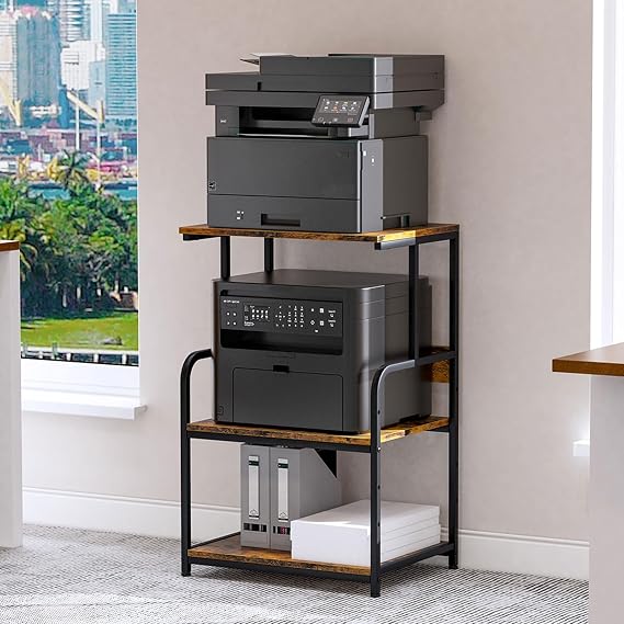 3-Tier Printer Stand, Large Printer Table on Wheels, Movable Printer Stand with Storage, Rolling Printer Cart for Fax Scanner Files Media Player, Multifunctional Trolley for Office Home Kitchen, Brown