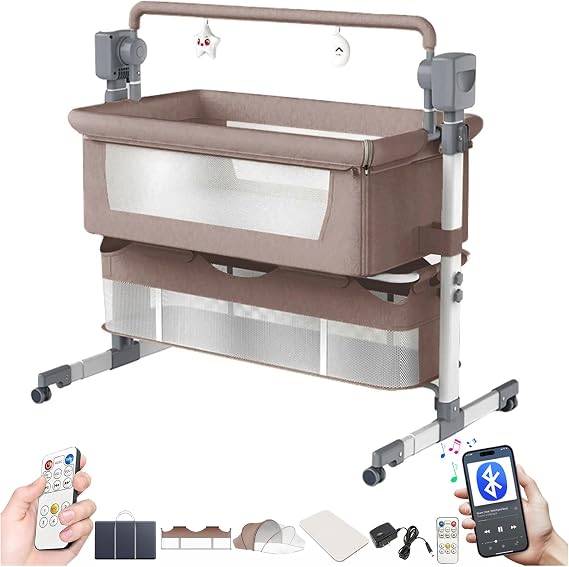 Electric Bluetooth Smart Next to Me Crib, Foldable Convertible Baby Bedside Crib, Co-Sleeping Bassinet, Infant Bedside Sleeper Cradle with Music, Remote and 5 Swaying Gears (601 Khaki)