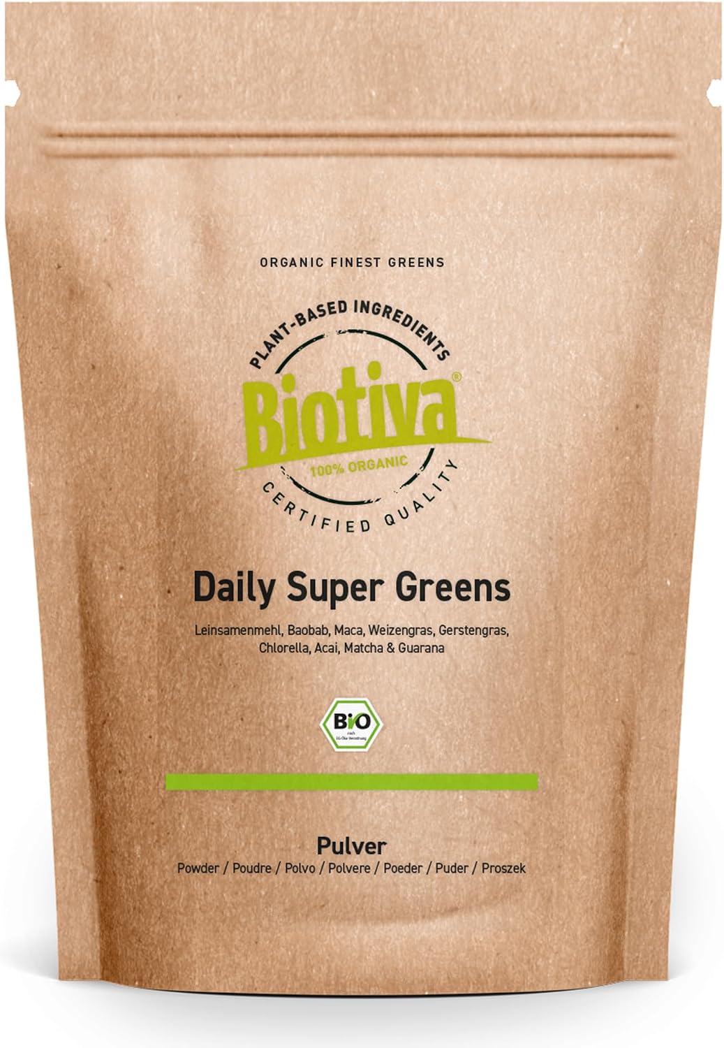 Super Greens Organic – 200 g Powder – Flaxseed Baobab Maca Wheatgrass Barley Grass Chlorella Wild Blueberry Matcha & Guarana. Organic Quality – Biotiva – No Additives – Vegan – Made in Germany