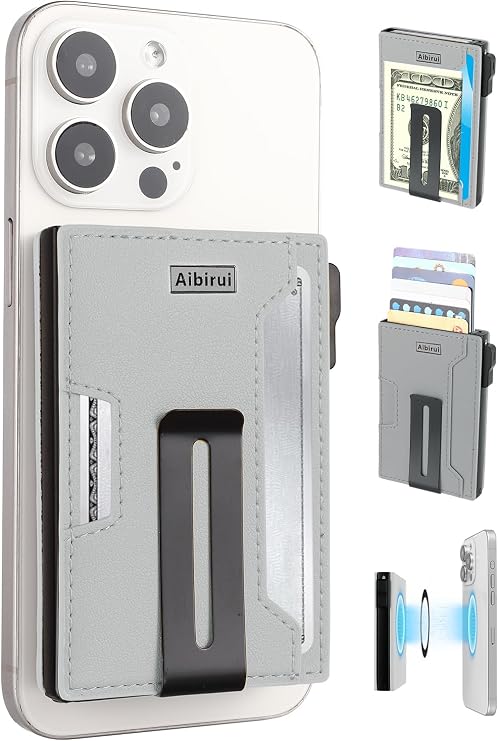 メンズ 財布 マネークリップ付き リッジウォレット メンズ | iPhone 17/16/15/14/13/12シリーズ用磁気ウォレット、カードホルダー、カード&紙幣8枚収納 アルミニウム&マイクロファイバーレザー、グレー