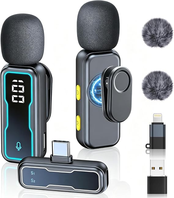 Wireless Lavalier Microphone for iPhone 16/15, Android, iPad - USB-C Mini Clip On Mic with LED Display, Noise Reduction, 30M Range, 2.4G Wireless Lapel Mic for Vlogging, TikTok, YouTube, Podcast