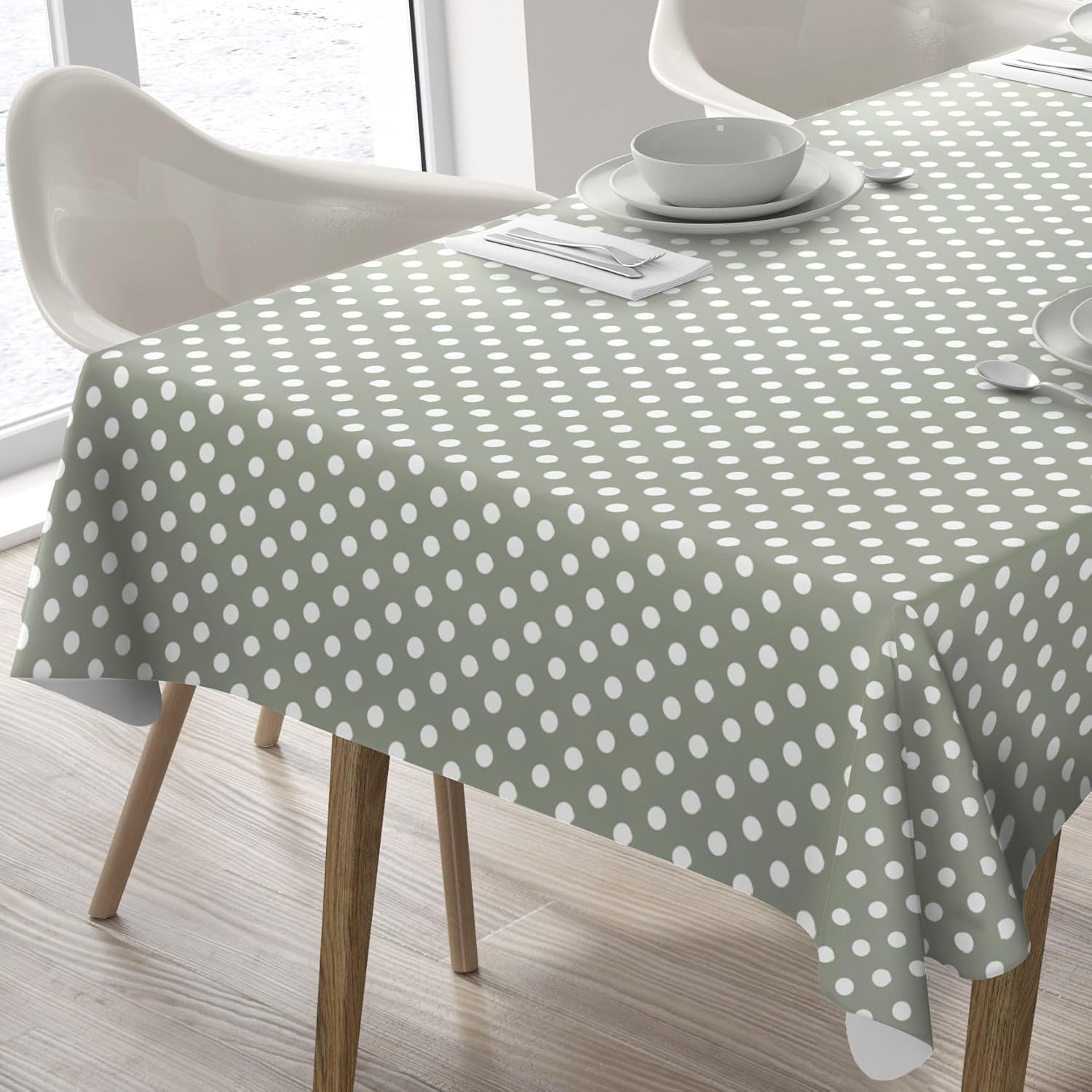Home Direct Large Rectangular Oilcloth PVC Wipe Clean Tablecloth Table Cover 140cm x 240cm 55x94 Polka Dot Sage Green