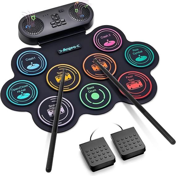 Anpro Electronic Drum Kit 9 Drum Pads with Dual Stereo Speakers Rollable Drum Kit with Pedals & Sticks Headphones/Bluetooth/MIDI Support Gift for Kids & Beginners