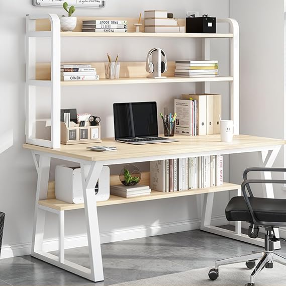 Modern Space Saving Computer Desk with Hutch and Bookshelf - Home Office Study Table with Metal Frame Workstation Desk