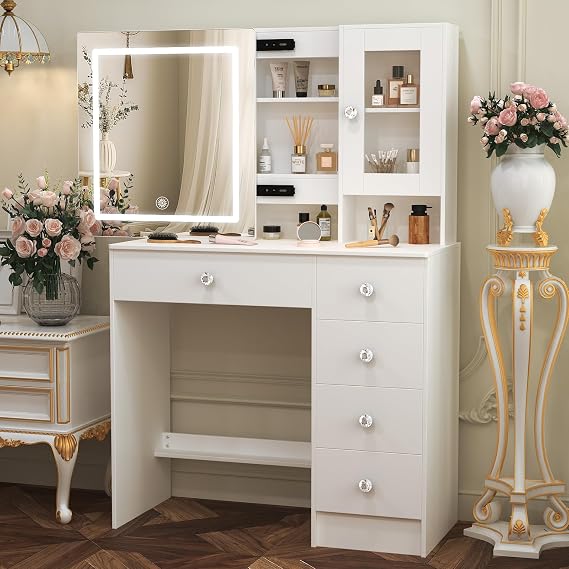 Dressing Table with Mirror and 10 LED Lights, Makup Vanity Desk with 5 Drawers, Sliding Mirror and Storage Shelves, Modern White Bedromm Vanity 90x140x40 cm