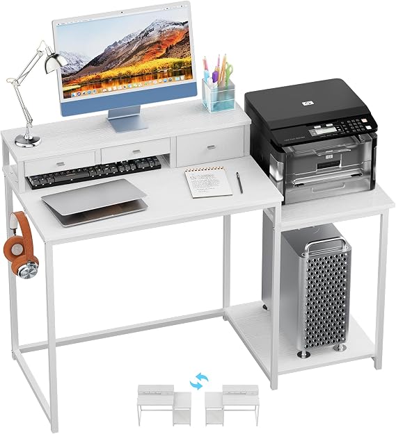 WOHOMO 120cm Computer Desk with 3 Drawers, Printer Shelf and Monitor Stand
