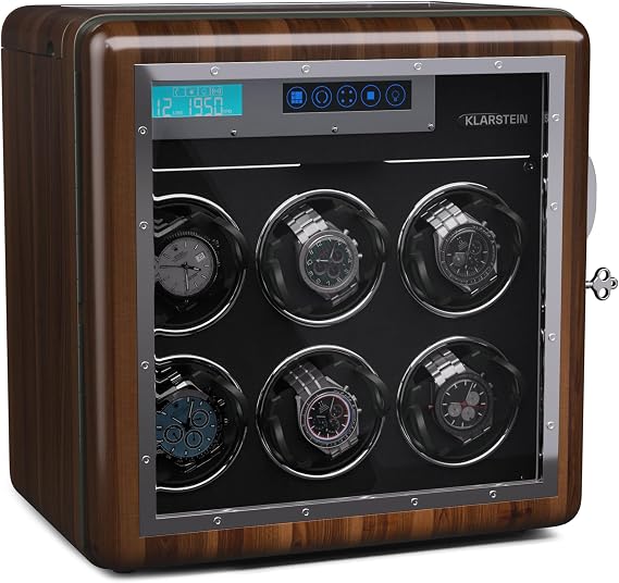 KLARSTEIN Automatic Watch Winder for 10 Watches, Luxury Watch Storage Box, Acrylic Window Display Case, Auto Winder Uk for Men & Women, Blue LED, 5 TPD Settings, Spring Tension Motor