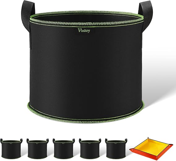 3 Gallon Fabric Pots, 5 Pack 12L Grow Bags with Extended Handles, Heavy Duty Thickened Nonwoven Cloth Pots with 100cm x 100cm Repotting Mat for Tomatoes, Potatos, Vegetables