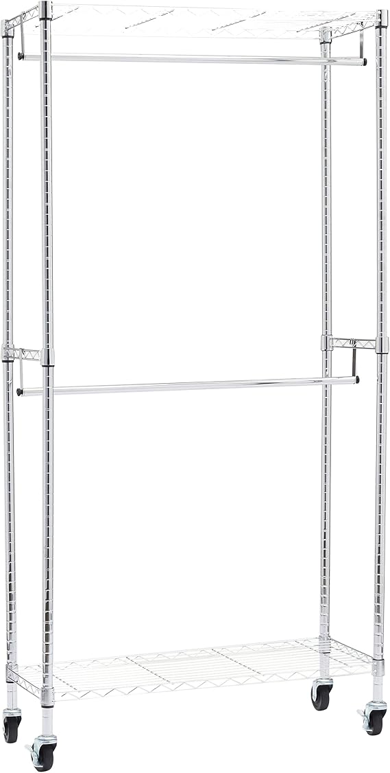 Amazon Basics Double Rail Garment Rack with Wheels 36" x 14" x 72" (L x W x H), Chrome