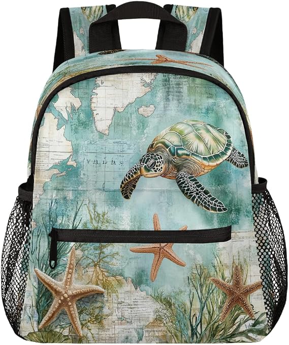 Mexpekil Retro Turtle Map Kids Backpack with Chest Strap School Bag for Girls Boys Small Rucksack Cute Children's Backpacks for Toddlers Nursery