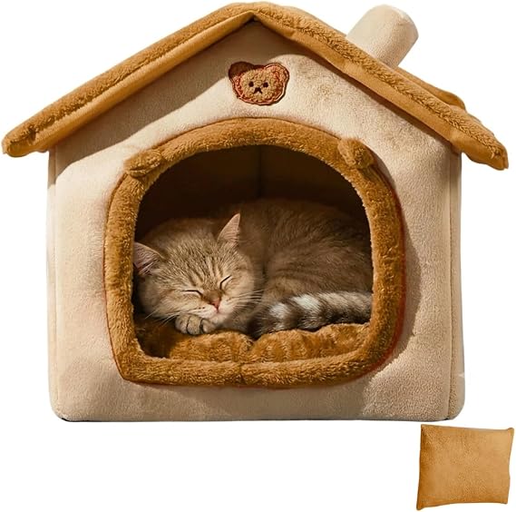 Cat House with Folding Bed and Soft Cushion for Pet, Foldable Plush Nest, Removable and Washable Cover, in Modern Brown, Ideal for Indoor, Car, Kitten and Small Dogs
