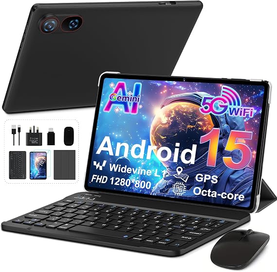 YESTEL Tablet 10 Inch Android 15 with Gemini AI, 30GB RAM + 2TB Expansion ROM, Widevine L1, Octa-Core, 5G WiFi, GPS, FHD IPS, BT5.0, 6000mAh, 2 in 1 Tablet with Keyboard + Mouse, Black