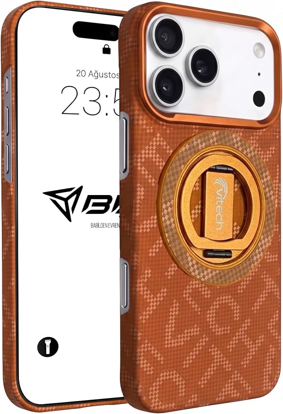 Babilden iPhone 17 Pro Max / 18 Pro Max İçin Magsafe İle Uyumlu Standlı Manyetik Çıkarılabilir Kablosuz Şarj Destekli Karbon Fiber ArmorAir Şok Emici Darbe Korumalı Kapak Telefon Kılıfı (Turuncu)