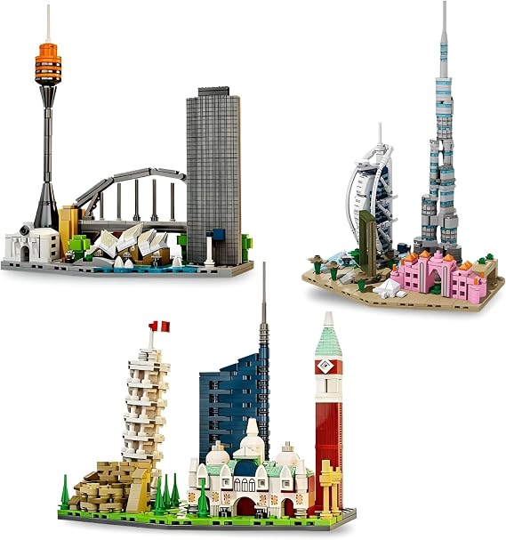 Mini Architecture Building Blocks Set, 3 Famous World Architecture Skyline Building Kit, Dubai, Australia, Italian Includes Burj Al Arab, Sydney Opera House, Leaning Tower of Pisa, 1684 PCS