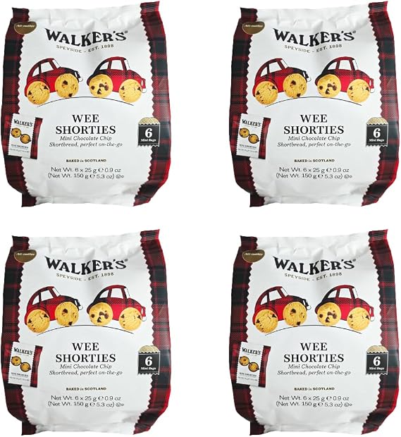 Walker's Chocolate Chip Shortbread, Mini Wee Shorties, 6 x 25g Bags, 4 Pack, Baked in Scotland