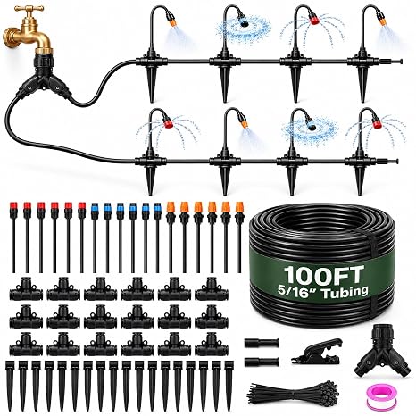 Upgrade 360° Adjustable Drip Irrigation System Kit, 100FT Bendable Watering Misting System with 3 Spray Nozzle Types, 5/16"(8mm) Tubing for Garden Raised Bed Lawn & Greenhouse