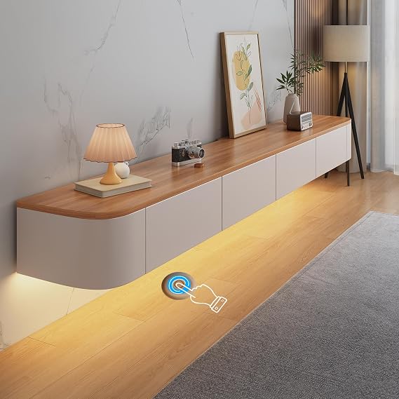 Floating TV Stand, Wall Mounted TV Shelves With Door,TV Media Console, Floating TV Cabinet Large Storage TV Bench Under TV (Wood+LED, 140CM/55.1")