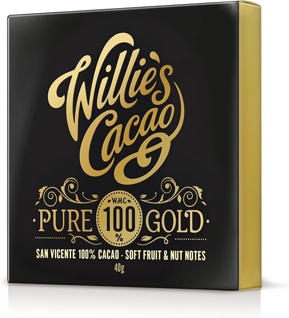Willie's Cacao - Pure Gold, 100% Cocoa Bar - 40g - Smooth Nutty Notes - No Added Sugar - Vegan Chocolate - Bean to Bar
